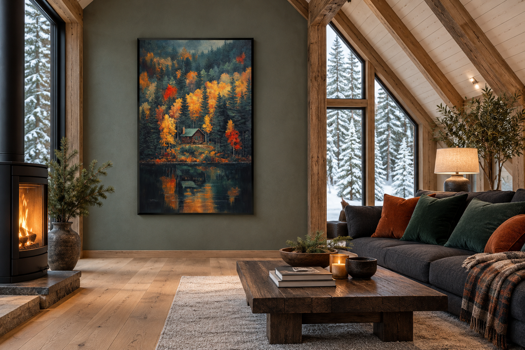 Cabin In The Woods Autumn Canvas Wall Art featuring a forest cabin reflected in a peaceful lake.