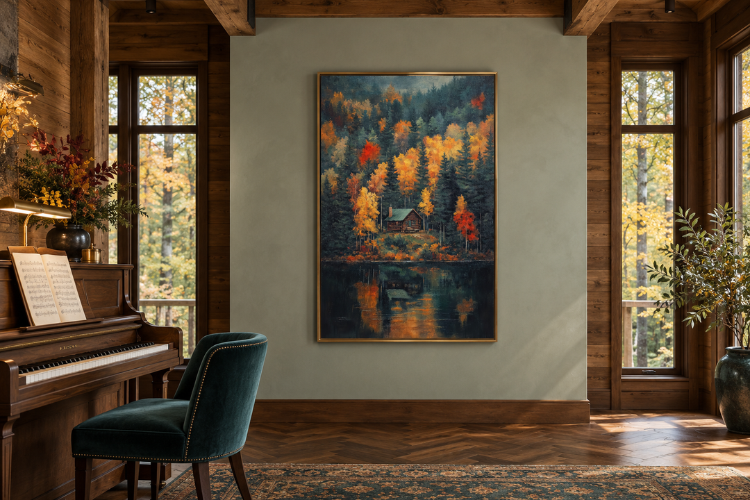 Vertical canvas wall art of a cabin in autumn woods reflected in a lake, hung in a rustic room.