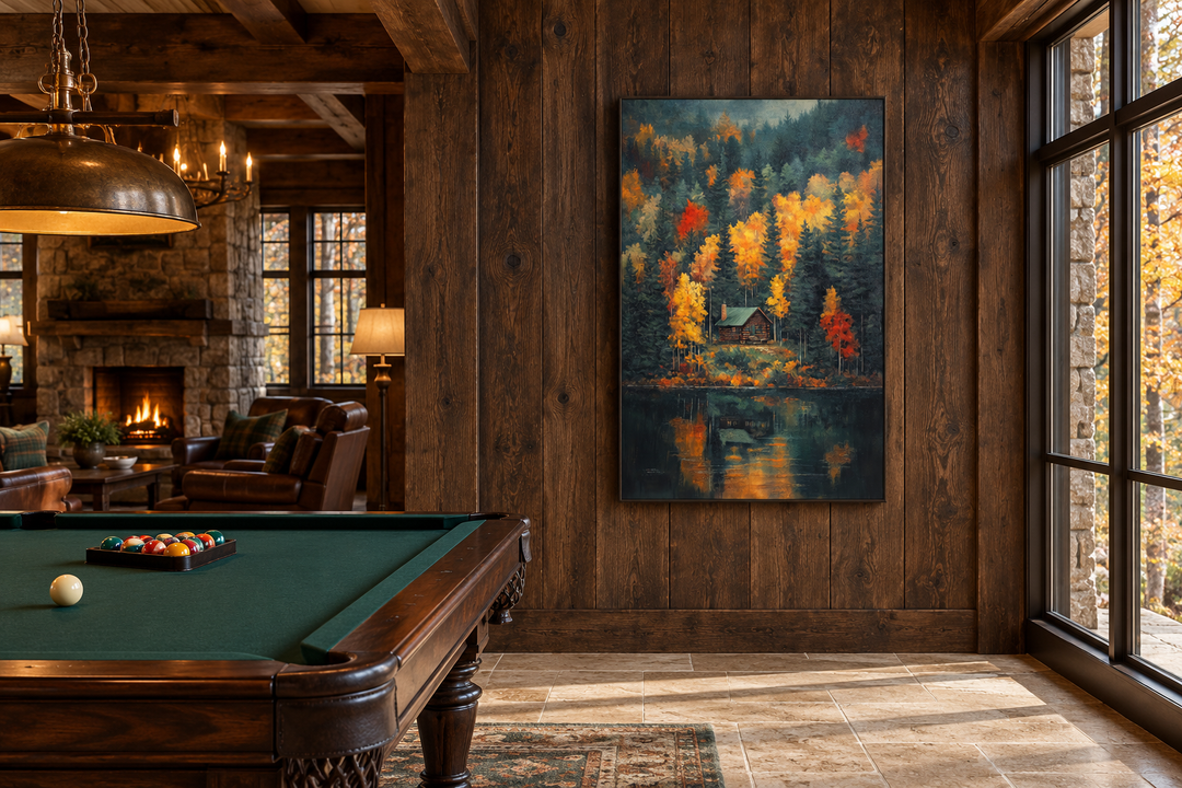 Cabin In The Woods Autumn Canvas Wall Art showing a cabin by a lake with fall foliage reflections.