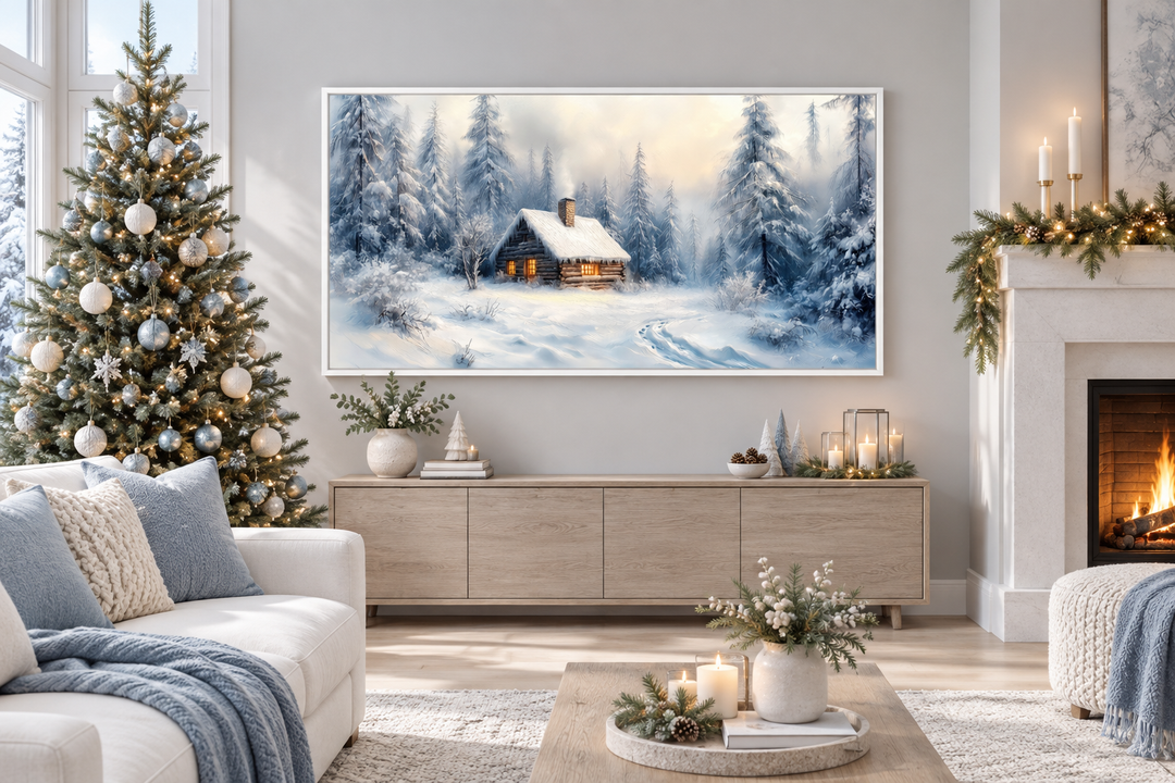 Extra-large canvas print of a cozy cabin in a snow-covered fir forest above a wooden sideboard.