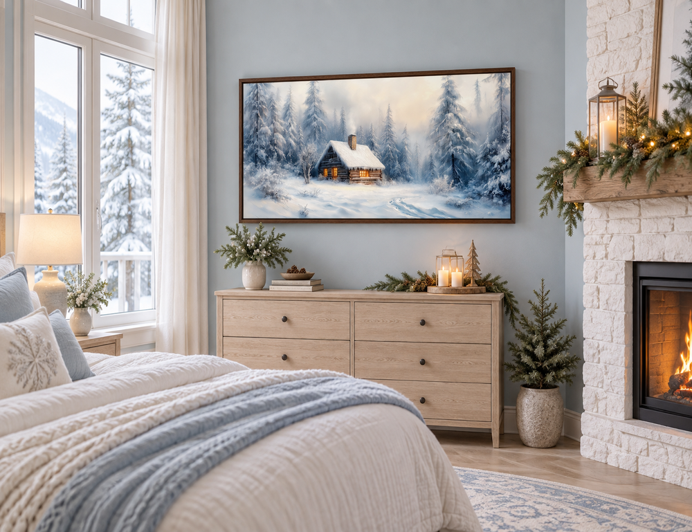 Framed canvas wall art of a cozy cabin in a snowy fir forest above a dresser in a winter bedroom.