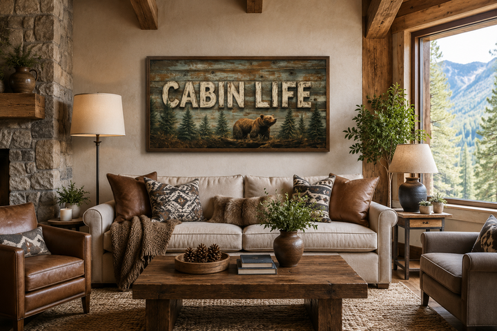 Cabin Life framed canvas wall art with a bear and fir trees above a sofa in a rustic living room.