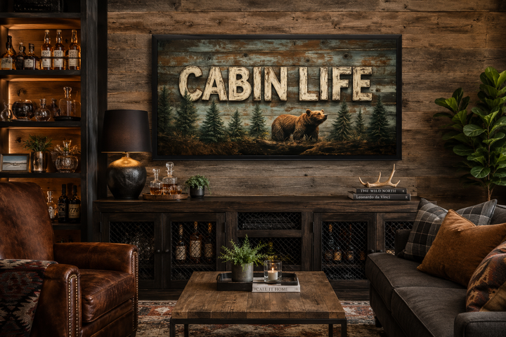 Cabin Life Sign With Bear And Fir Trees Framed Canvas Wall Art above a rustic wooden sideboard.