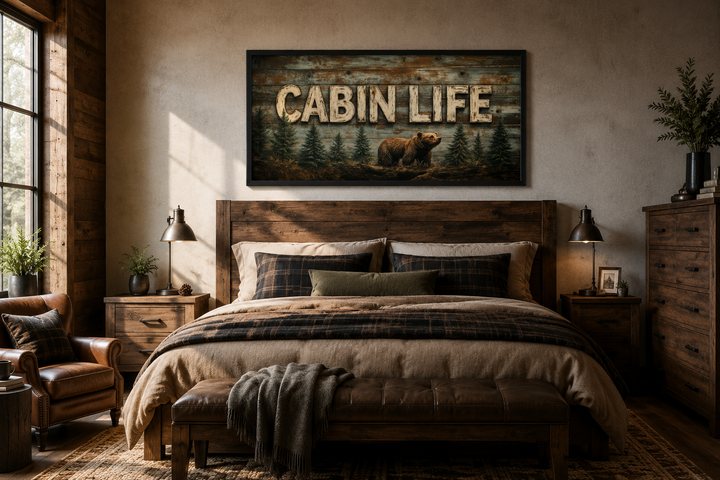 Cabin Life framed canvas wall art featuring a bear and fir trees above a bed in a rustic bedroom.
