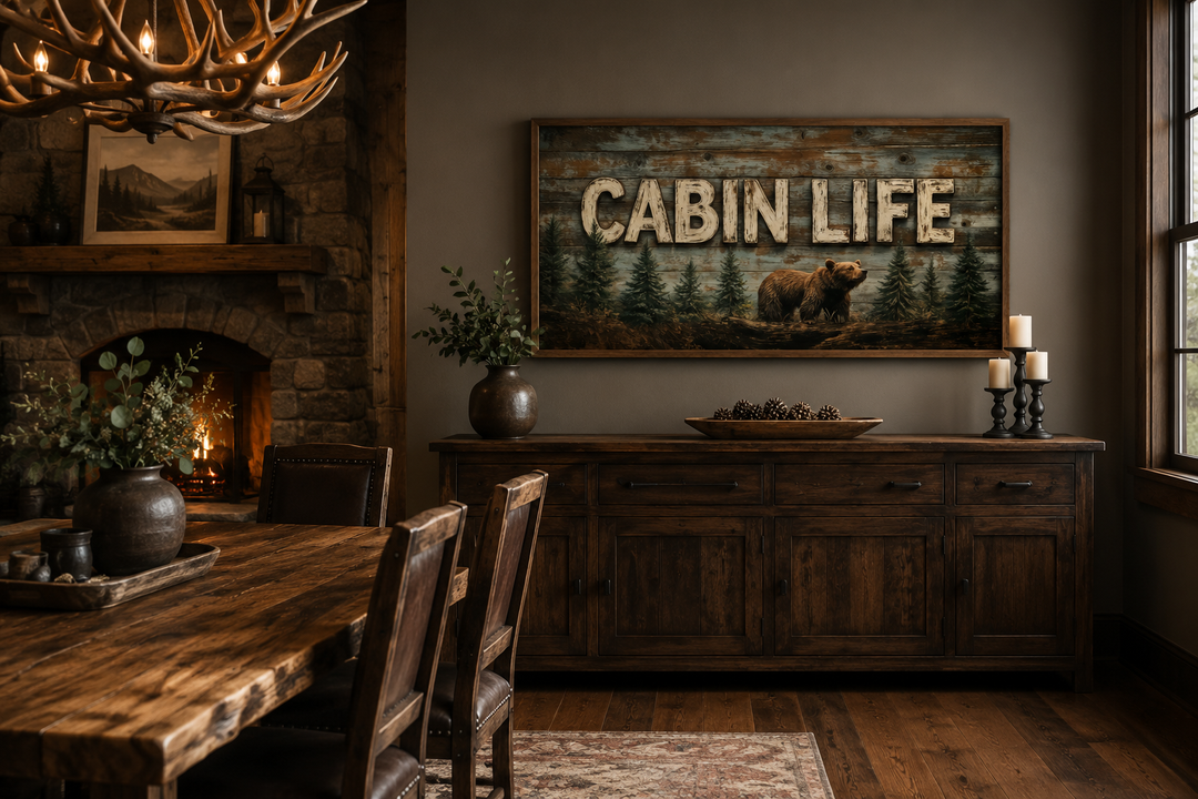 Cabin Life framed canvas wall art featuring a bear and fir trees in a rustic dining room setting.