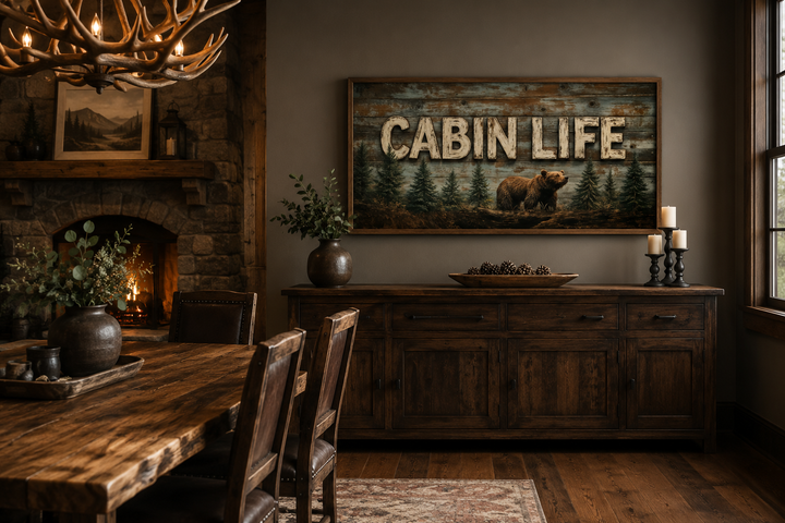 Cabin Life framed canvas wall art featuring a bear and fir trees in a rustic dining room setting.