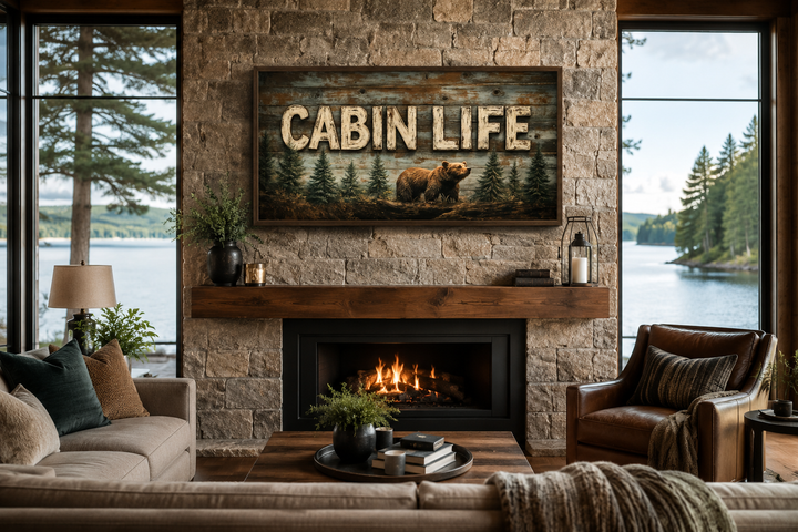 Cabin Life Sign With Bear And Fir Trees Framed Canvas Wall Art above a stone fireplace.