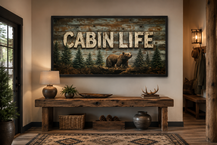 Cabin Life framed canvas wall art featuring a bear and fir trees on a rustic wood-textured backdrop.