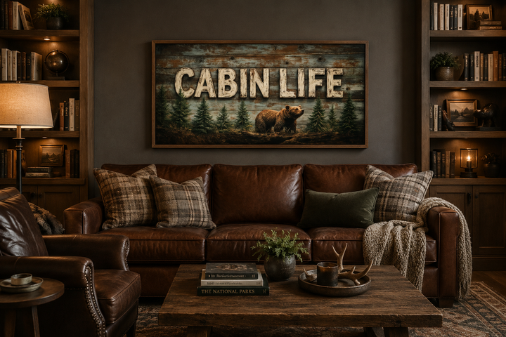 Cabin Life Sign With Bear And Fir Trees Framed Canvas Wall Art above a brown leather sofa.