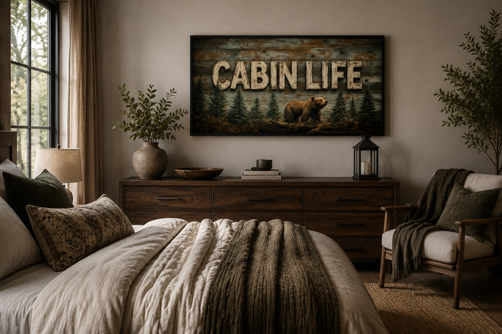 Cabin Life Sign With Bear And Fir Trees Framed Canvas Wall Art hanging above a bedroom dresser.