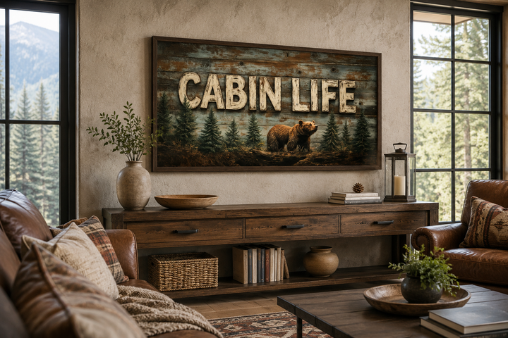 Framed canvas wall art featuring 'CABIN LIFE' text, a bear, and fir trees in a rustic living room.