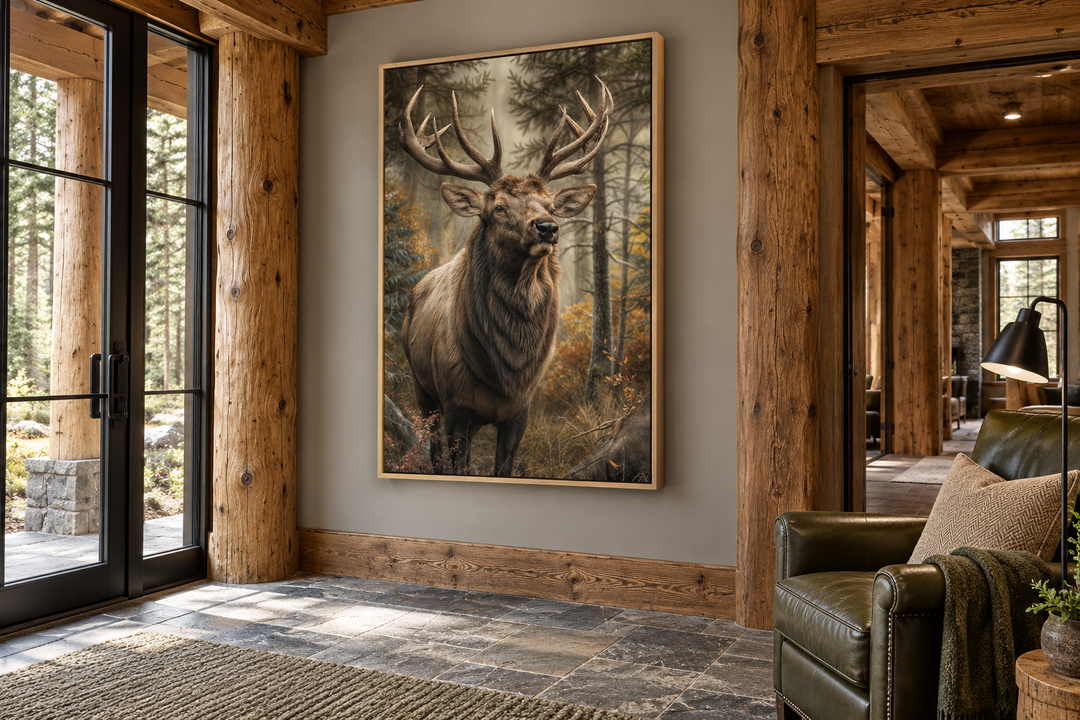 Vertical framed canvas wall art of a majestic elk in a forest, hanging in a rustic cabin entryway.