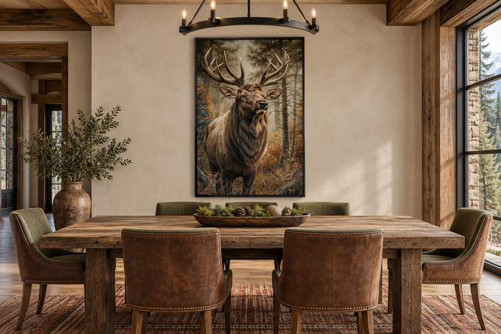 Vertical framed canvas wall art of a majestic elk in a forest, hung in a rustic cabin dining room.