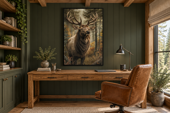 Vertical framed canvas wall art of a majestic elk in a forest, hanging above a wooden desk.