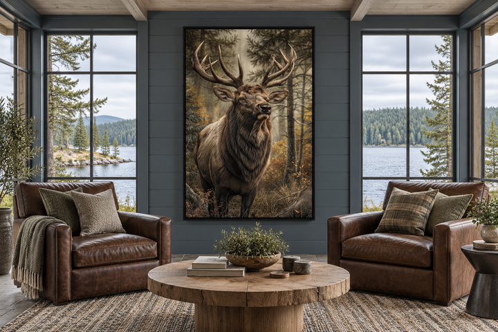 Vertical framed canvas wall art of a majestic elk in a forest, centered in a rustic cabin sunroom.