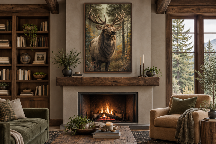 Vertical framed canvas wall art of a majestic elk in a forest, hanging above a rustic fireplace.