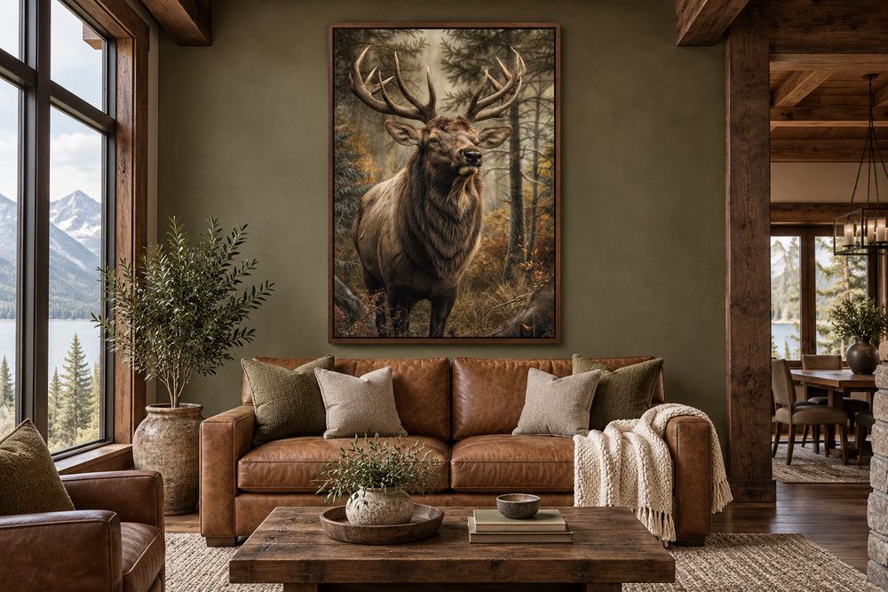 Vertical framed canvas wall art of a majestic elk in a forest, hung above a leather sofa in a cabin.