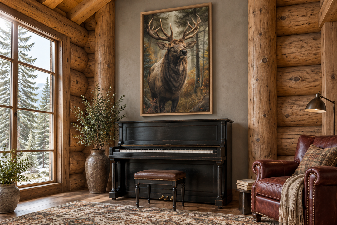 Vertical framed canvas wall art of a majestic elk in a forest, hanging above a black piano.