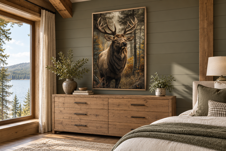 Vertical framed canvas wall art of a majestic elk in a forest, hanging above a wooden dresser.