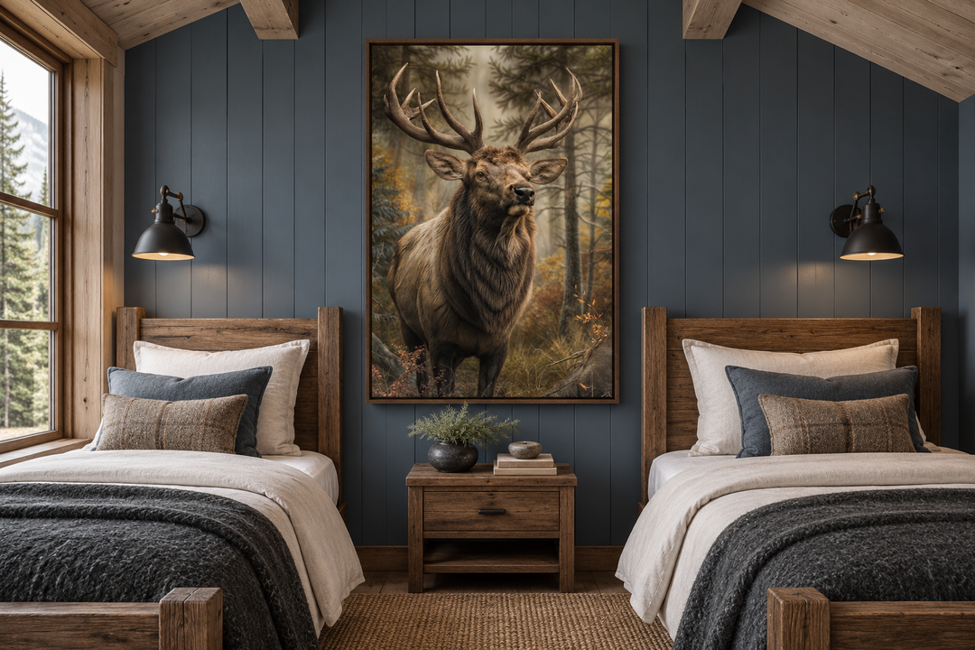 Vertical framed canvas wall art of a majestic elk in a forest, hanging in a rustic cabin bedroom.