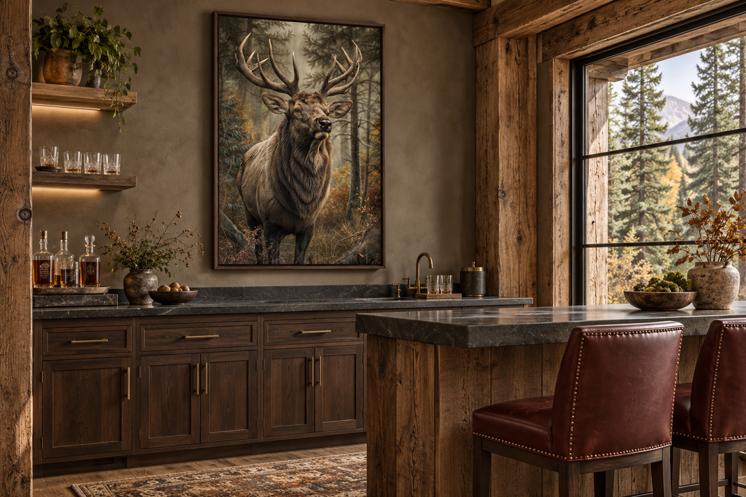Vertical framed canvas wall art of a majestic elk in a forest, hanging in a rustic cabin home bar.