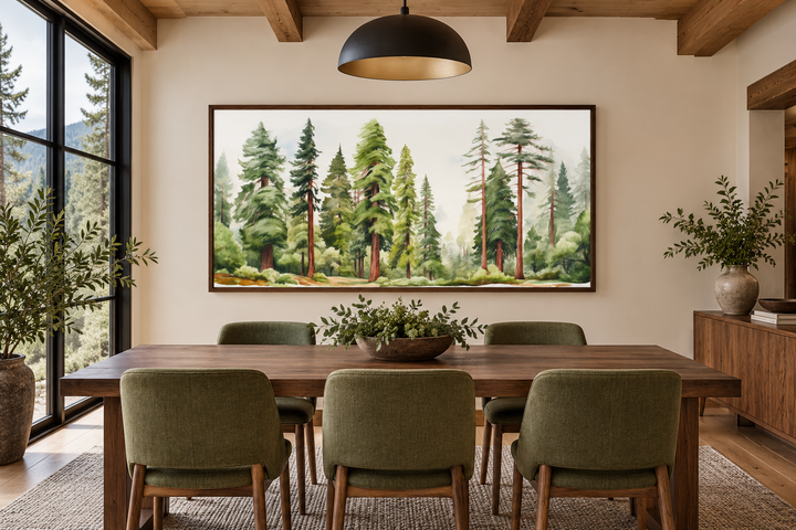 Woodlands forest watercolor framed canvas wall art above a dining table in a rustic room.