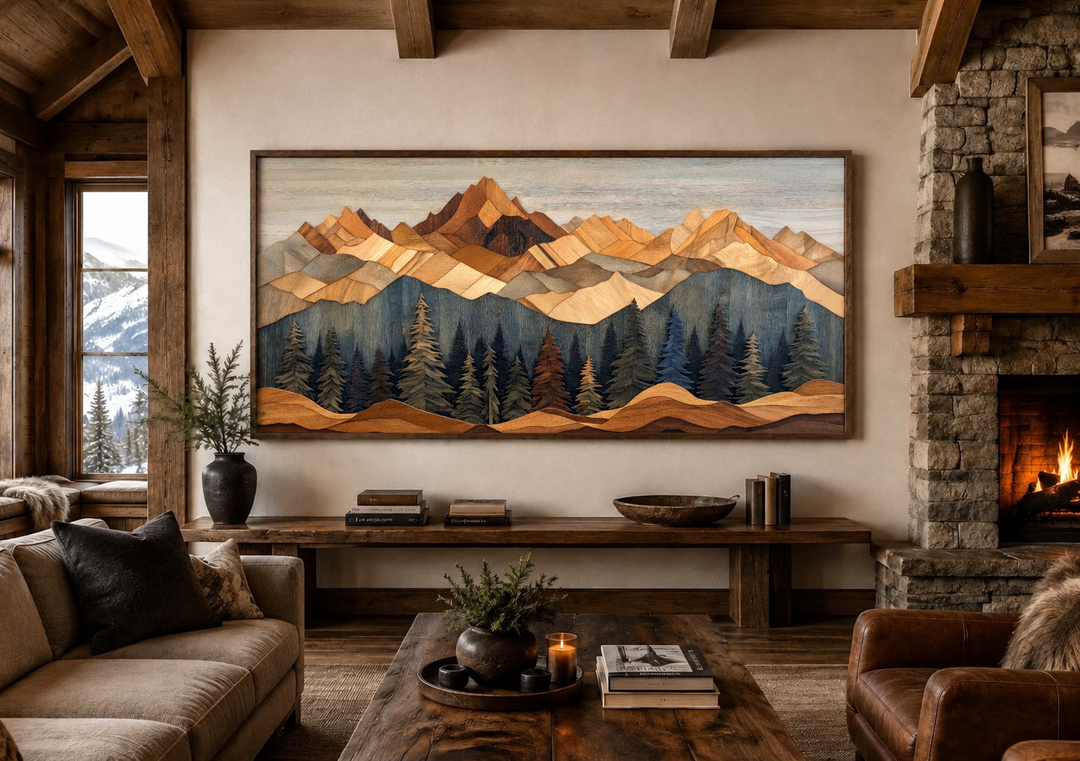 Wooden mountain and pine tree framed canvas wall art in a rustic cabin living room.
