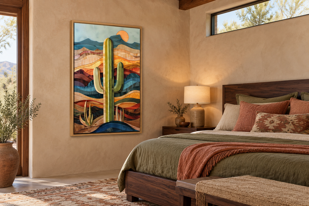 Layered wood style framed saguaro cactus wall art in a rustic southwestern bedroom.