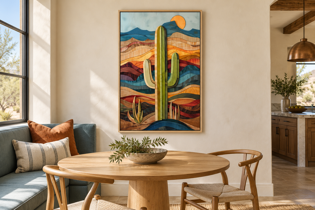 Layered wood style framed saguaro cactus wall art in a modern southwestern dining room.