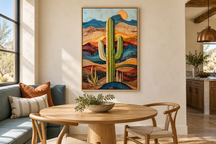 Layered wood style framed saguaro cactus wall art in a modern southwestern dining room.