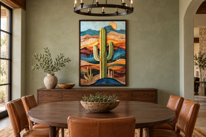 Layered wood style framed saguaro cactus wall art in a rustic dining room above a walnut sideboard.