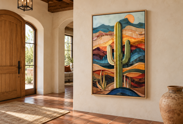 Layered wood style framed saguaro cactus wall art in a rustic southwestern entryway.