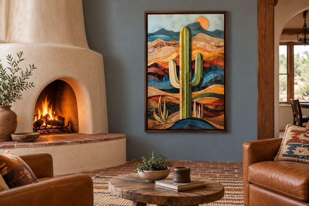 Layered wood style framed saguaro cactus wall art hanging in a rustic living room with a fireplace.