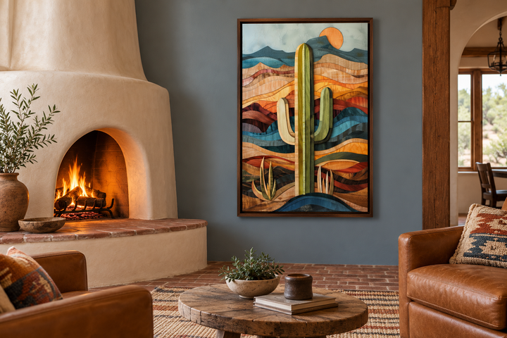 Layered wood style framed saguaro cactus wall art hanging in a rustic living room with a fireplace.