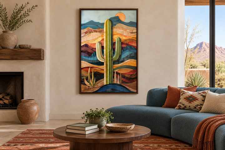 Layered wood style framed saguaro cactus wall art in a southwestern living room.