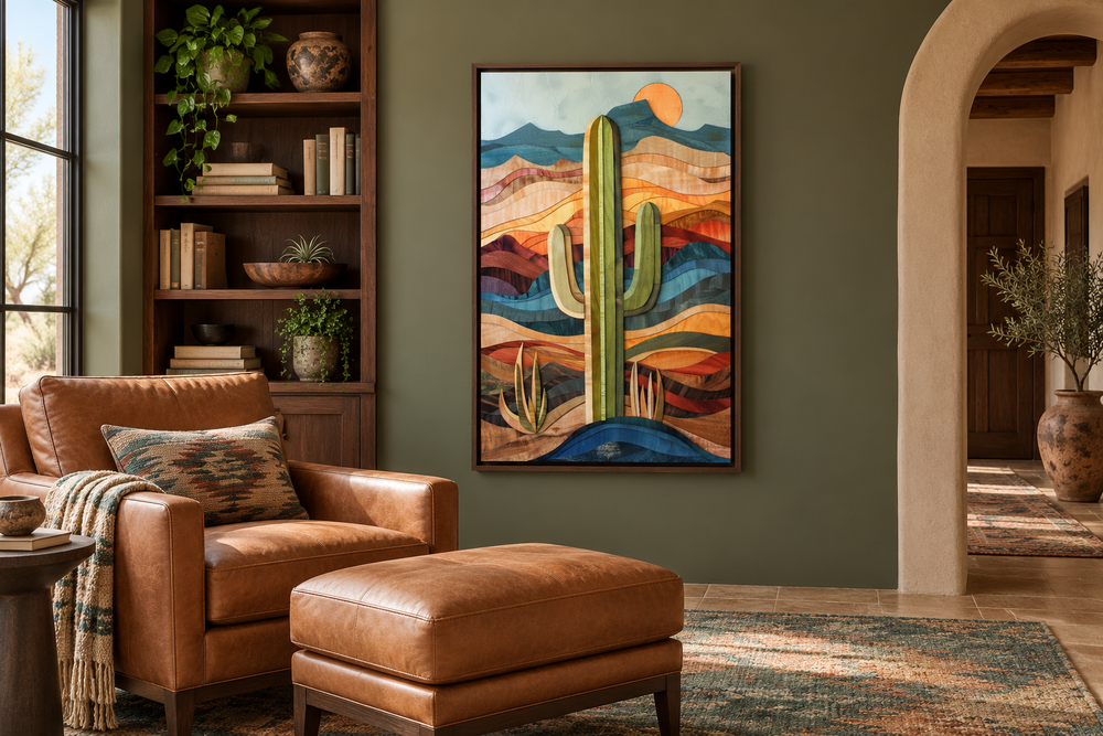 Layered wood style framed saguaro cactus wall art in a rustic living room with leather furniture.