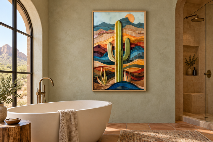 Layered wood style framed saguaro cactus wall art in a rustic southwestern bathroom.