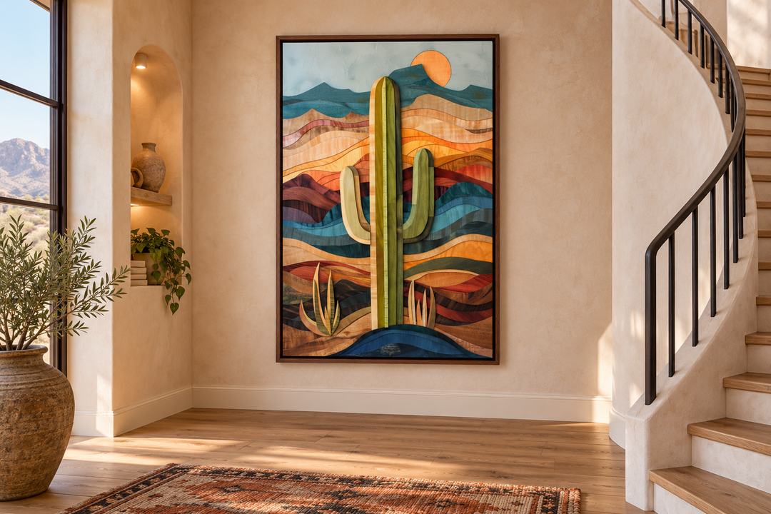 Layered wood style framed saguaro cactus wall art in a desert landscape on a neutral wall.
