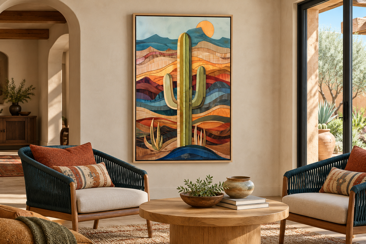 Layered wood style framed saguaro cactus wall art in a southwestern sunroom setting.