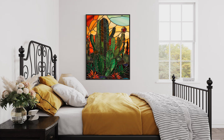 Cactus Stained Glass Style Framed Canvas Wall Art