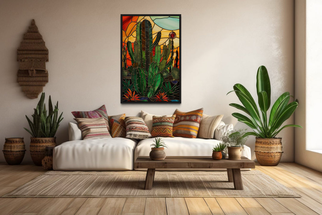 Cactus Stained Glass Style Framed Canvas Wall Art