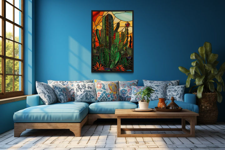 Cactus Stained Glass Style Framed Canvas Wall Art