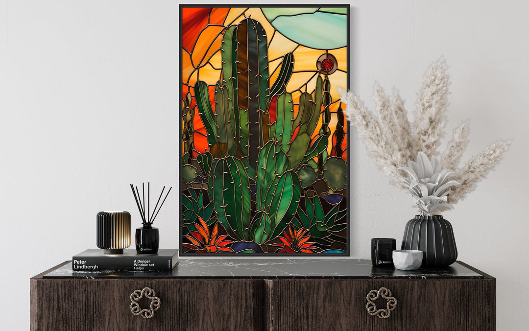 Cactus Stained Glass Style Framed Canvas Wall Art