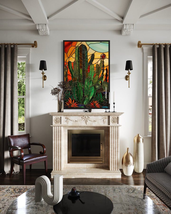 Cactus Stained Glass Style Framed Canvas Wall Art