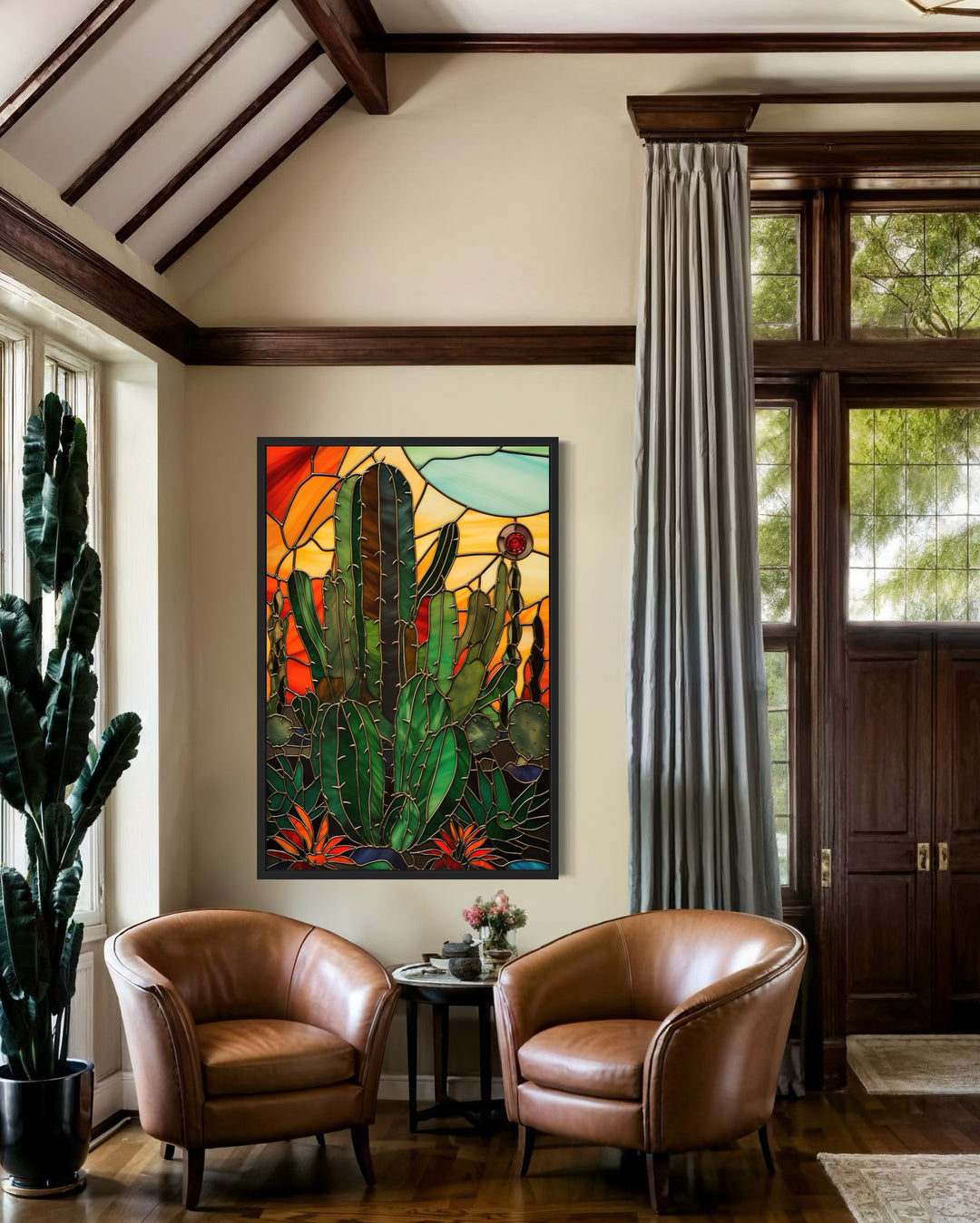 Cactus Stained Glass Style Framed Canvas Wall Art