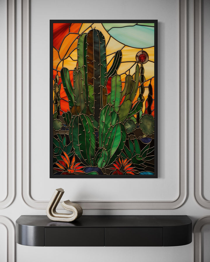 Cactus Stained Glass Style Framed Canvas Wall Art