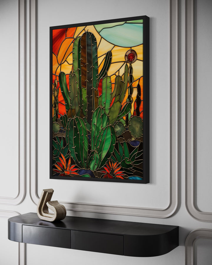 Cactus Stained Glass Style Framed Canvas Wall Art