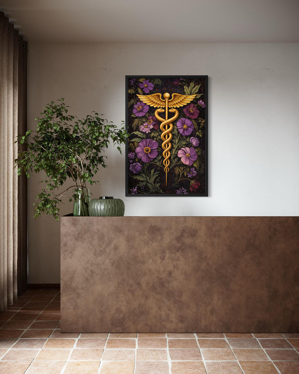 Doctors office wall art - A framed canvas print of a golden caduceus symbol surrounded by purple flowers on a white wall.
