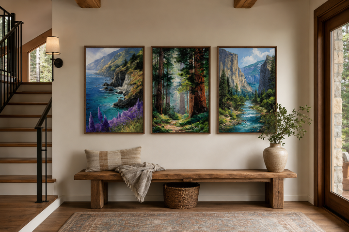 California Landscape Wall Art Set of 3 featuring Big Sur, Redwood Forest, and Yosemite paintings.