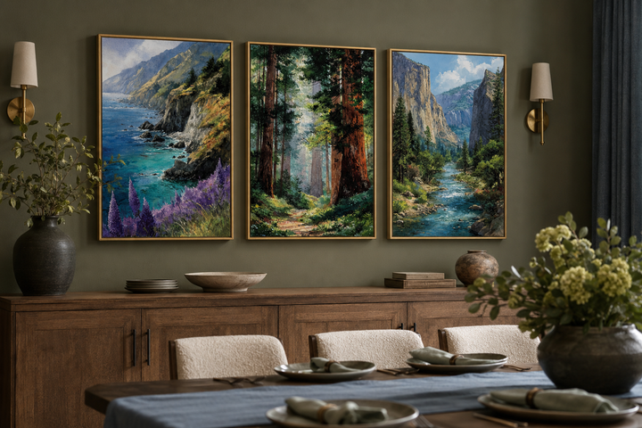 Set of 3 framed California landscape paintings of Big Sur, Redwood Forest, and Yosemite.